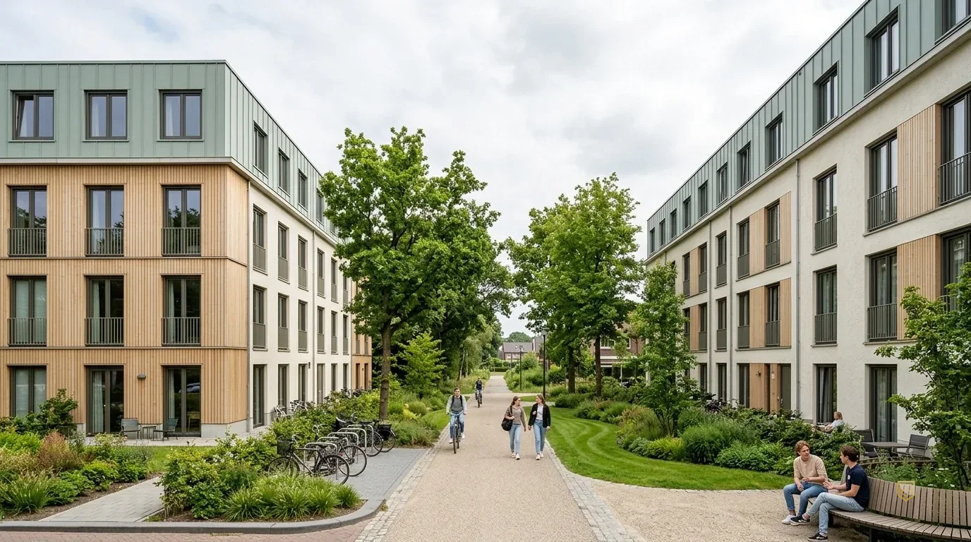 Autoluwe laan tussen de woonblokken van Campus ZILT