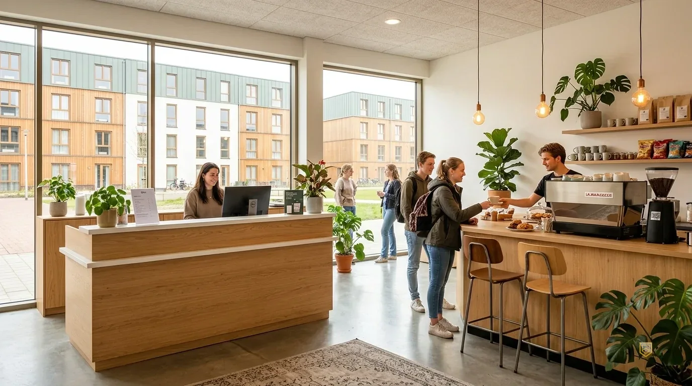 De receptie in De Hub op Campus ZILT, waar het pakketpunt en de pakketkluizen zitten